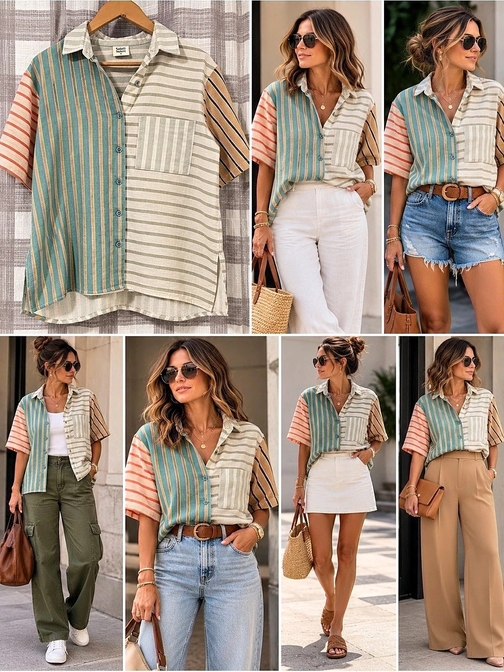 Soleil Riley Shirt Striped Button Down Green & White